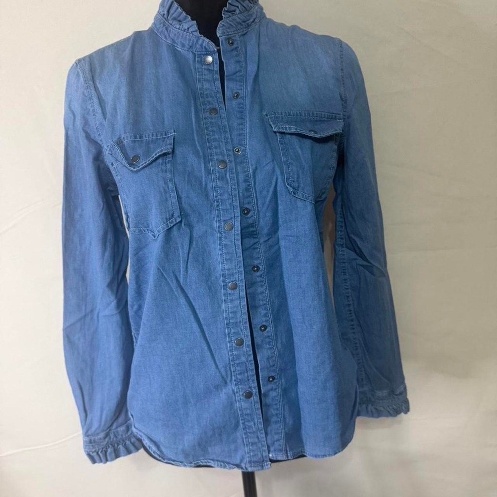 Max Jeans Denim Button Down Shirt Ruffle Collar Medium Wash Blue Womens Small